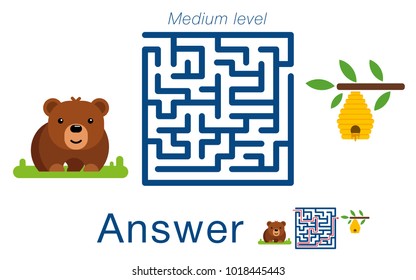 Children's labyrinth with bear and beehive. A puzzle for children. Vector maze.