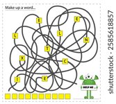 Children's labyrinth, help form the word, vector illustration with funny green monster.