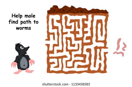 Children's labyrinth. Help mole find path to worms. Vector. Cartoon. Isolated. Flat. Illustration for children. Maze game for kids.