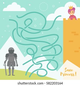 Children's labyrinth. Vector. Cartoon. Isolated. Flat. Illustration for children. Princess and knight.