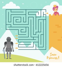 Children's labyrinth. Vector. Cartoon. Isolated. Flat. Illustration for children. Princess and knight