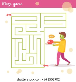 Children's labyrinth. Vector. Cartoon. Isolated. Flat. Illustration for children. Zombies with brains