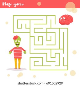Children's labyrinth. Vector. Cartoon. Isolated. Flat. Illustration for children.  Zombies with brains
