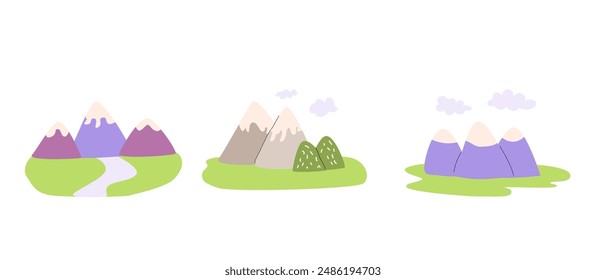 childrens landscape elements collection. Mountains and river backgrounds set.