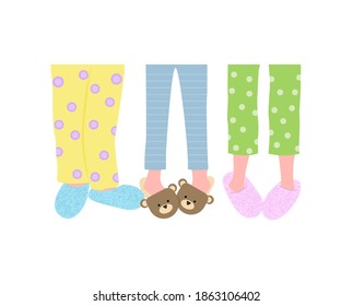 Children's legs in pajama slippers. Pajama party, children's holiday. Modifiable vector illustration.