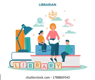 Children's librarian concept. Library staff reading for kids, holding and sorting book. Knowledge and education idea. Llibrary bookshelves guid. Isolated vector illustration