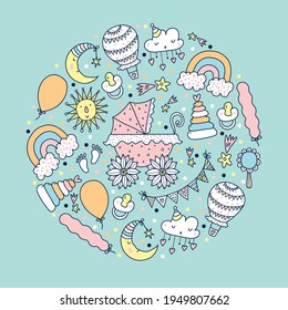 Children's linear illustration with a stroller and children's toys.