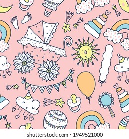 Children's linear seamless pattern with a stroller and children's toys. 