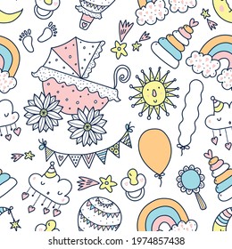 Children's linear seamless pattern with a stroller and children's toys. 