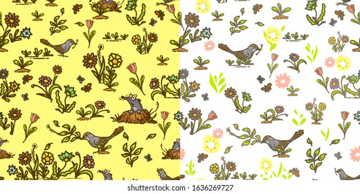 Children's linear set of patterns with birds, flowers, butterflies on a yellow and white background. Seamless vector pattern made by hand graphics for textiles, packaging, cards, advertising 