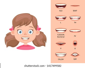 Children's lip sync. Lip sync collection for animation. Children's mouth animation. Phoneme mouth chart. Alphabet pronunciation. Vector illustration.