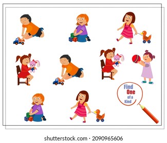 Children's logic game find a couple. Cute cartoon kids playing with toys. vector isolated on a white background.