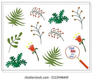 Children's logic game find the one of a kind. Twigs of plants. Vector isolated on a white background.