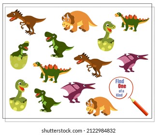 Children's logic game find the one of a kind. Dinosaurs and their children. Vector isolated on a white background