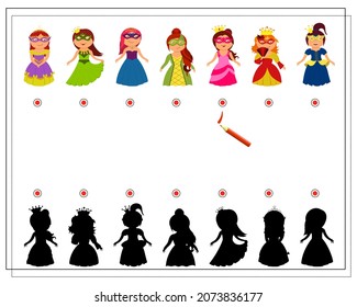 children's logic game find the right shadow. Cute cartoon princesses in fancy dresses. Vector isolated on a white background