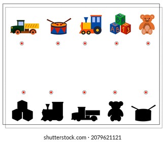 Children's logic game, find the right shadow. children's toys, teddy bear, cubes, car, train. vector isolated on a white background