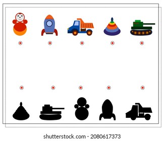 Children's logic game, find the right shadow. children's toys, tank, pyramid, rocket, car. vector isolated on a white background