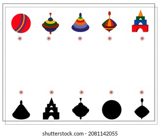 Children's logic game, find the right shadow. children's toys. vector isolated on a white background.