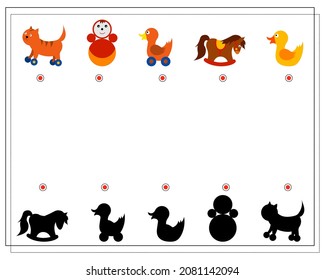 Children's logic game, find the right shadow. children's toys. vector isolated on a white background.