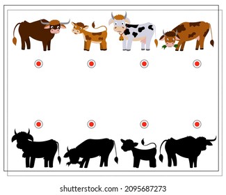 El juego de lógica infantil encuentra la sombra correcta. Vaca, toro, ternera. Vector aislado en un fondo blanco.
