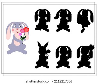 El juego de lógica infantil encuentra la sombra correcta. Una liebre con flores. Vector aislado en un fondo blanco.
