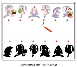 Children's logic game find the right shadow. A hare with a basket of Easter eggs, a hare with flowers. Vector isolated on a white background