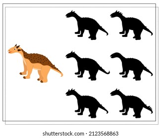 Children's logic game find the right shadow, cute cartoon dinosaur. Vector isolated on a white background