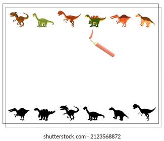 Children's logic game find the right shadow, cute cartoon dinosaur. Vector isolated on a white background