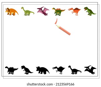 Children's logic game find the right shadow, cute cartoon dinosaur. Vector isolated on a white background