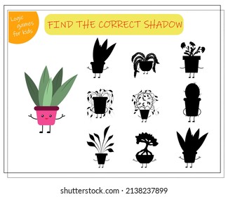 Childrens logic game find the right shadow, cute cartoon flower in a kawaii pot. Vector isolated on a white background