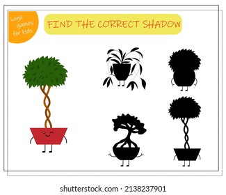 Childrens logic game find the right shadow, cute cartoon flower in a kawaii pot. Vector isolated on a white background