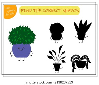 Childrens logic game find the right shadow, cute cartoon flower in a kawaii pot. Vector isolated on a white background