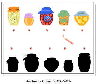 Children's logic game find the right shadow, jam jars. Vector isolated on a white background.
