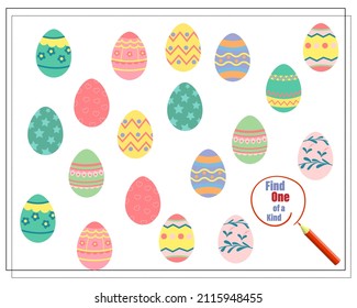 Children's logic game finds one of a kind. Easter eggs. Vector isolated on a white background