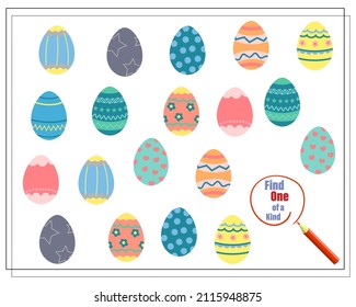 Children's logic game finds one of a kind. Easter eggs. Vector isolated on a white background