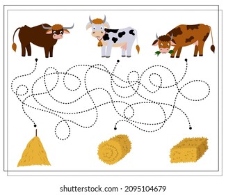 Children's logic game go through the maze. Guide the cows through the maze to the hay. Vector isolated on a white background