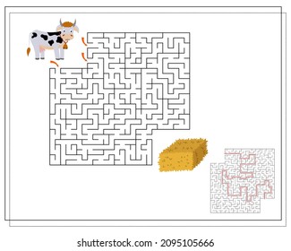 Children's logic game go through the maze. Guide the cows through the maze to the hay. Vector isolated on a white background
