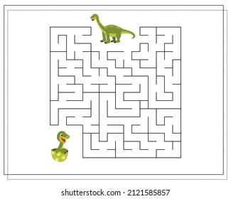 Children's logic game go through the maze. Help the baby brontosaurus to pass the maze, dinosaurs. Vector isolated on a white background