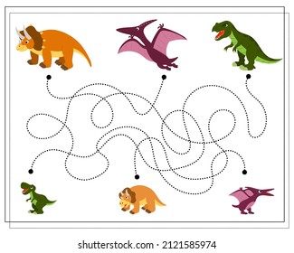 Children's logic game go through the maze. Where's whose baby, dinosaurs. Vector isolated on a white background