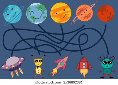 Children's logic game to pass the labyrinth. Space labyrinth, planets and aliens. Educational game. Kindergarten class, lesson, teaching, learning. Space labyrinth maze