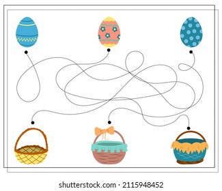 Das Logikspiel der Kinder schwimmt durch die Punkte, geht durch das Labyrinth. Ostereier und Körbe. Vektorgrafik einzeln auf weißem Hintergrund.