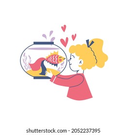 Childrens love and care for animals and pets concept. Girl rejoices at her aquarium fish pet, flat cartoon vector illustration isolated on white background.