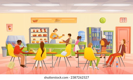 Childrens lunch in school canteen vector illustration. Cartoon students eat food at tables in foodcourt interior, hungry boy and girl standing in queue to take tray of meal from worker behind counter
