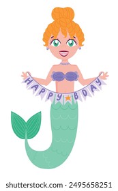 Childrens magic element. Cute mermaid congratulates happy birthday Vector cartoon illustration in flat style isolated on a white background. For print, design, poster, sticker, card, decoration