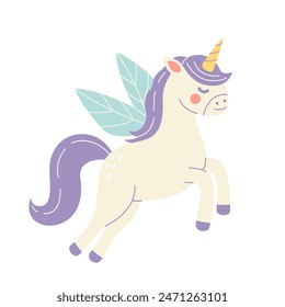 Childrens magic element. Cute unicorn in childish style  isolated on white background