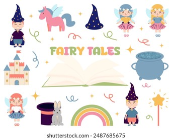 childrens magic elements. cute flat fairy tale characters. vector