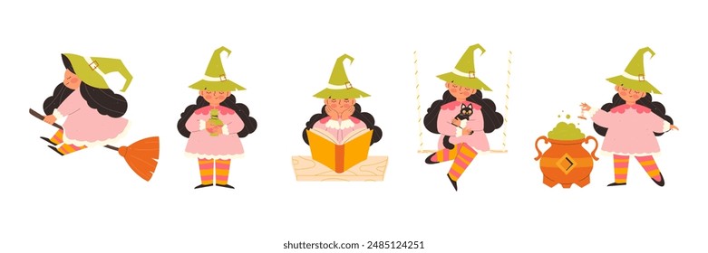 childrens magic elements. Cute witches set of illustrations