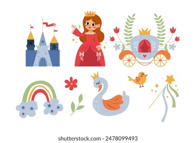 
Childrens Magic Elements: Princess, Magic Wand, Carriage, Swan Princess, Rainbow and Fantasy Castle. Vector Children's Illustrations Isolated on a White Background.