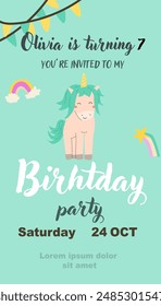 Childrens magic invitation card with fairy animal. Fantasy world elements design. Template for magic birthday party with unicorn or cute animal with horn and flowers.