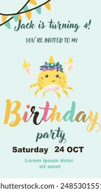 Childrens magic invitation card with fairy animal. Fantasy world elements design. Template for magic birthday party with unicorn or cute animal with horn and flowers.